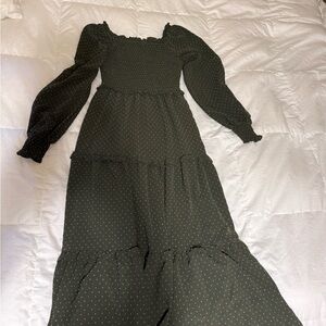 Chic Dark Green Polka Dot Long Sleeve Dress